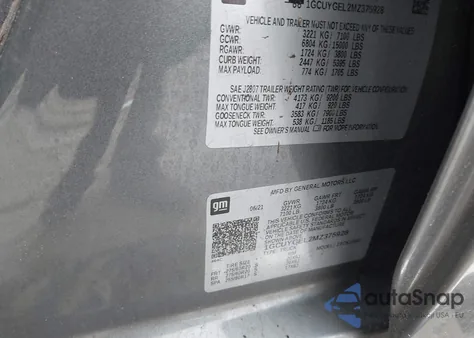 2021 Chevrolet Silverado 1500 4Wd Short Bed Ltz z USA, uszkodzony, nr VIN 1GCUYGEL2MZ375928